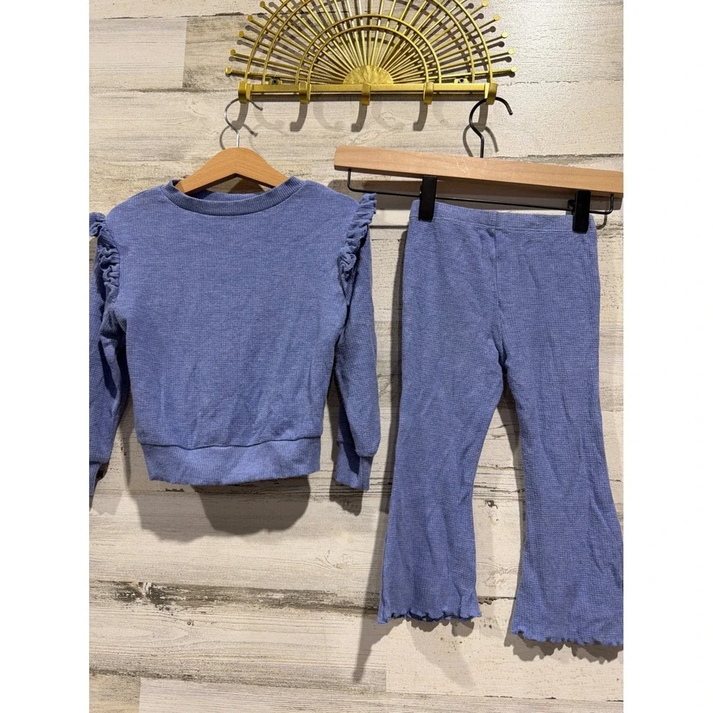 Little Sleepies Set Girls 2T Blue Waffle Knit Ruffle Flare EUC